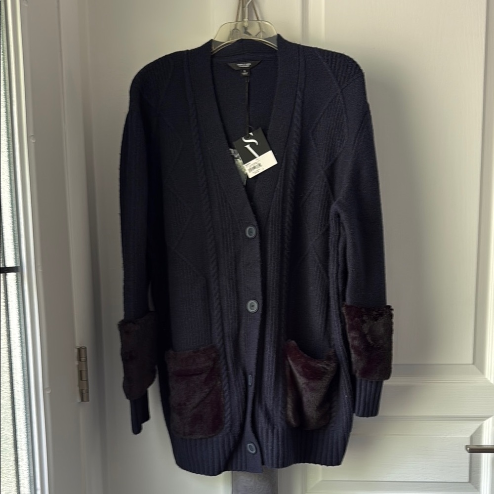 Simply Vera Vera Wang Navy Cardigan with Faux-Fur Pocket and Elbow Accents